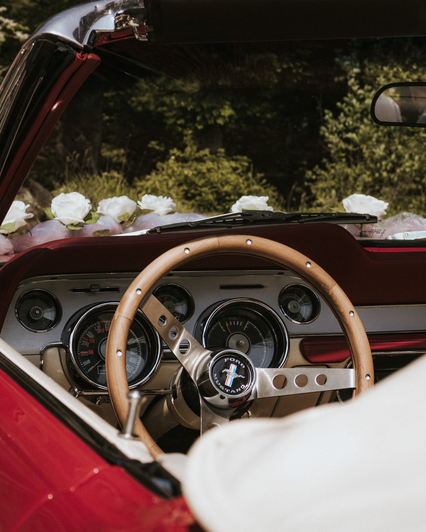 Cockpit eines roten Ford Mustang Cabrios mit Holzlenkrad und Pony-Emblem, weiße Blumen am Armaturenbrett
