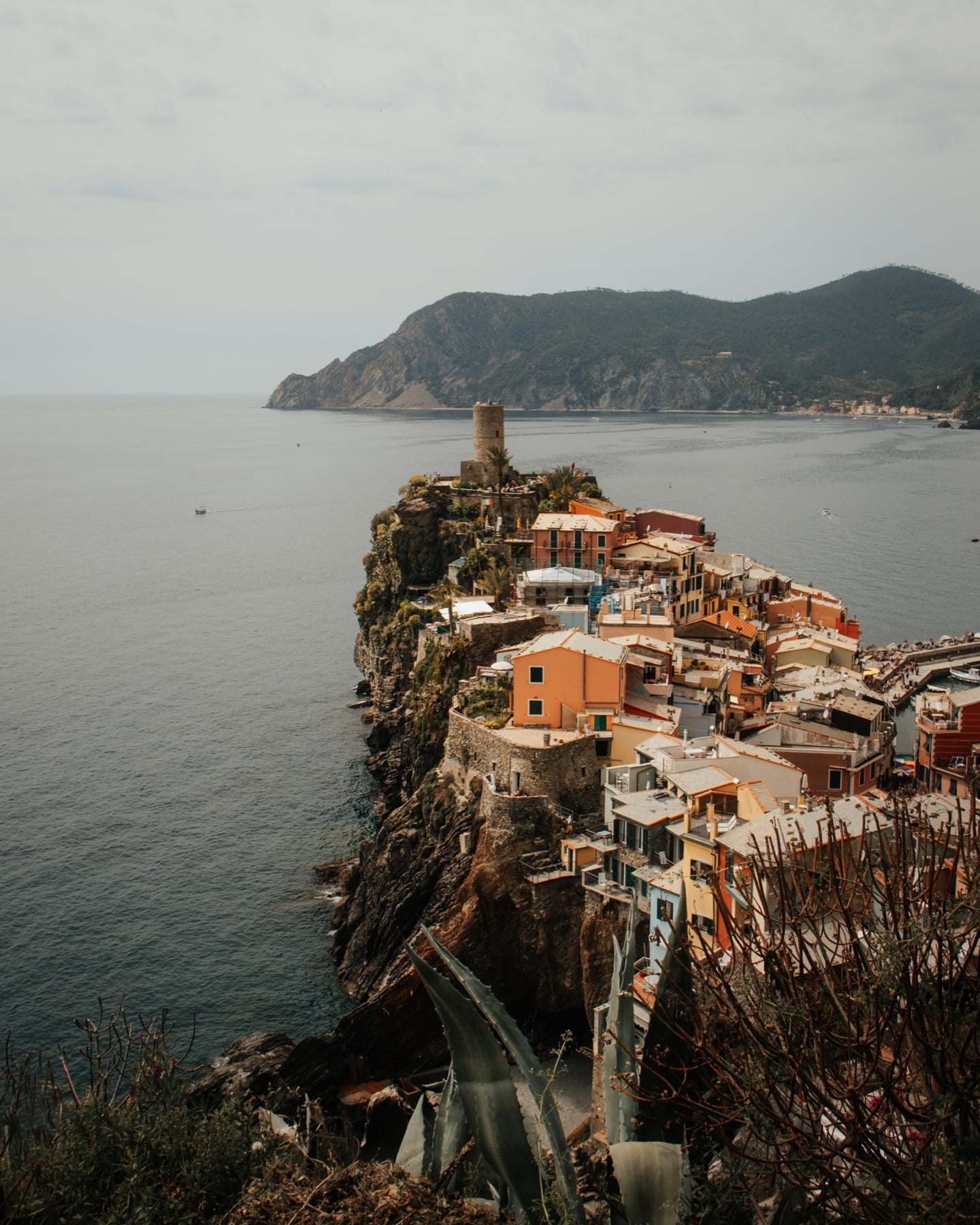 Vernazza in den Cinque Terre, bunte Häuser auf einem Felsvorsprung über dem Meer